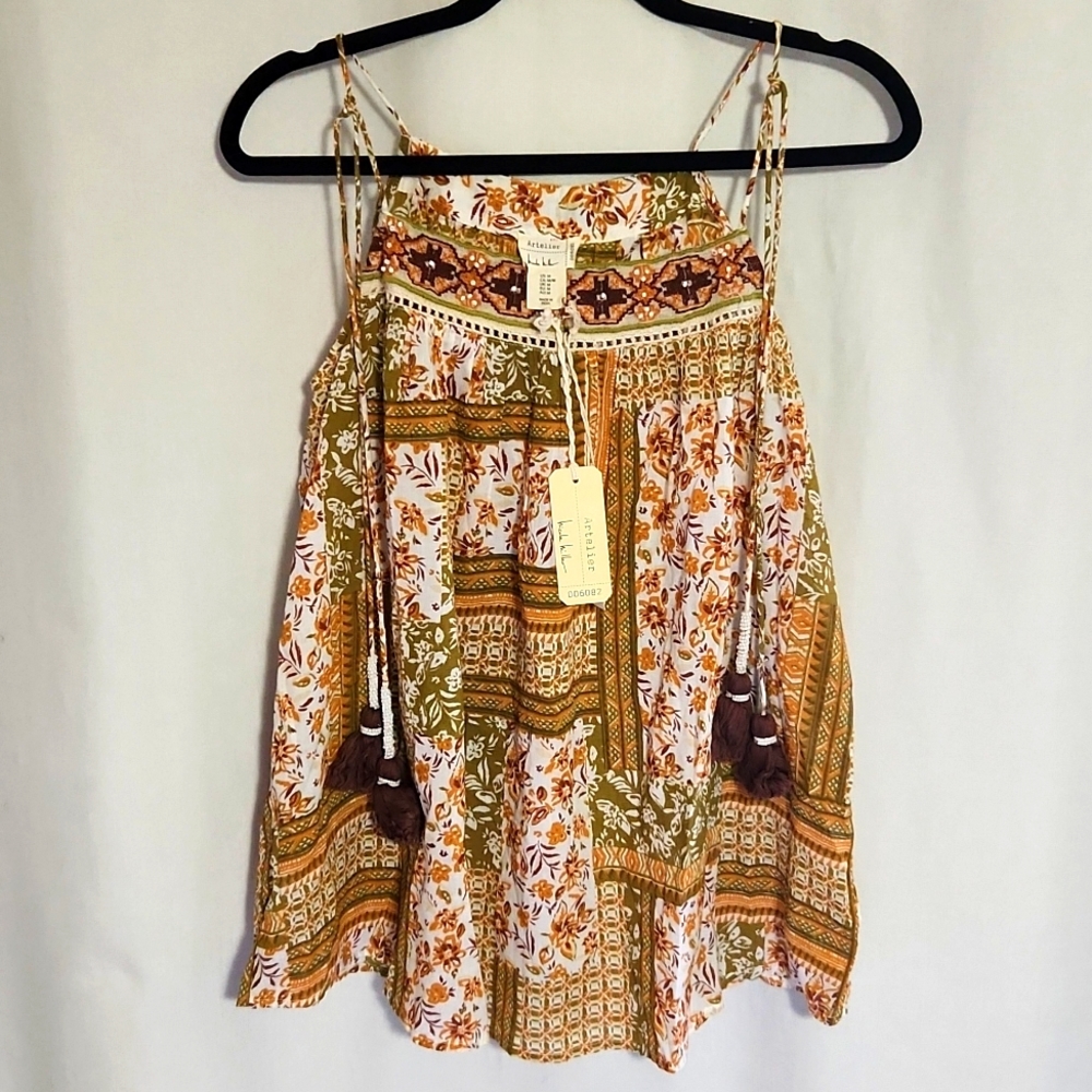 Atelier Nicole Miller Beaded Flowy Boho Sleeveless Blouse Tank Top Medium NEW